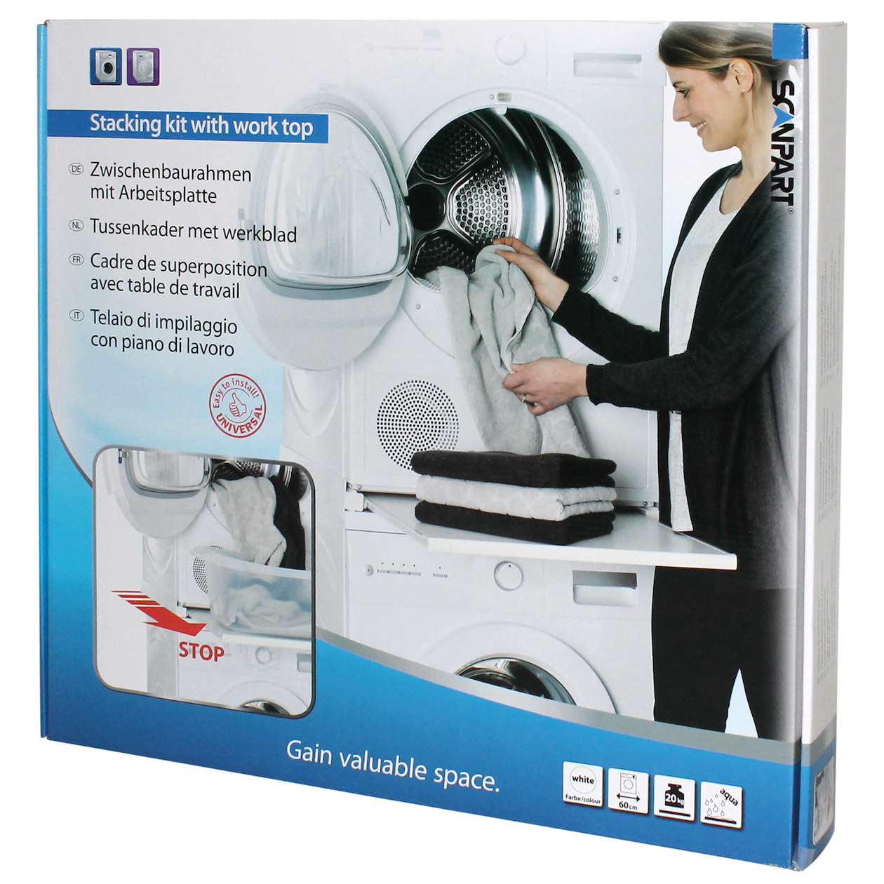 Scanpart tussenkader voor wasmachine en droger met werkblad Droger accessoire Wit