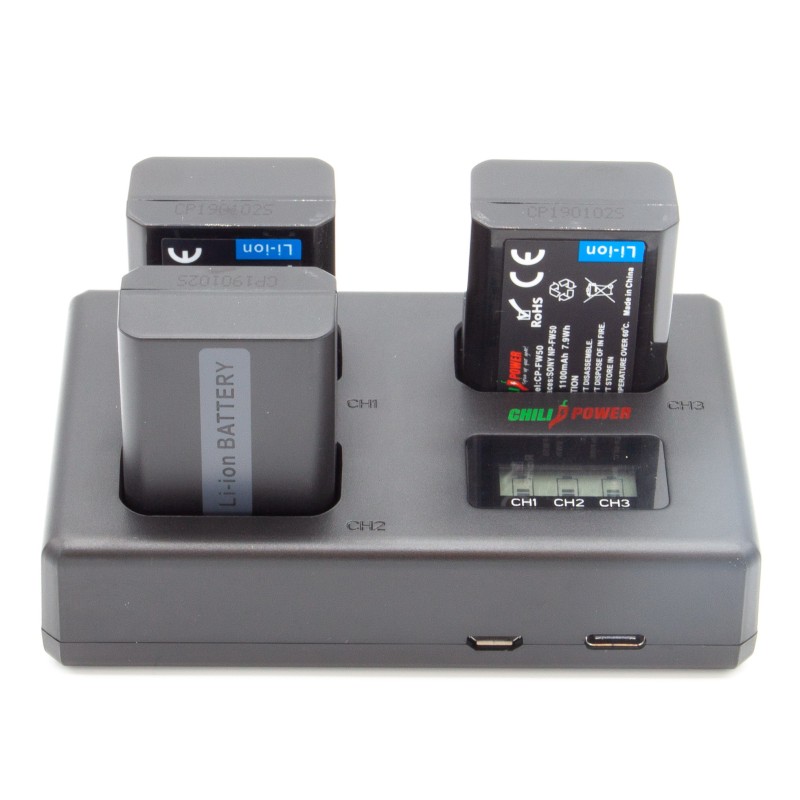 ChiliPower Sony Accu NP-FW50 Kit Deluxe - 3 accu's + Triple lader, voor het laden van 3 accu's