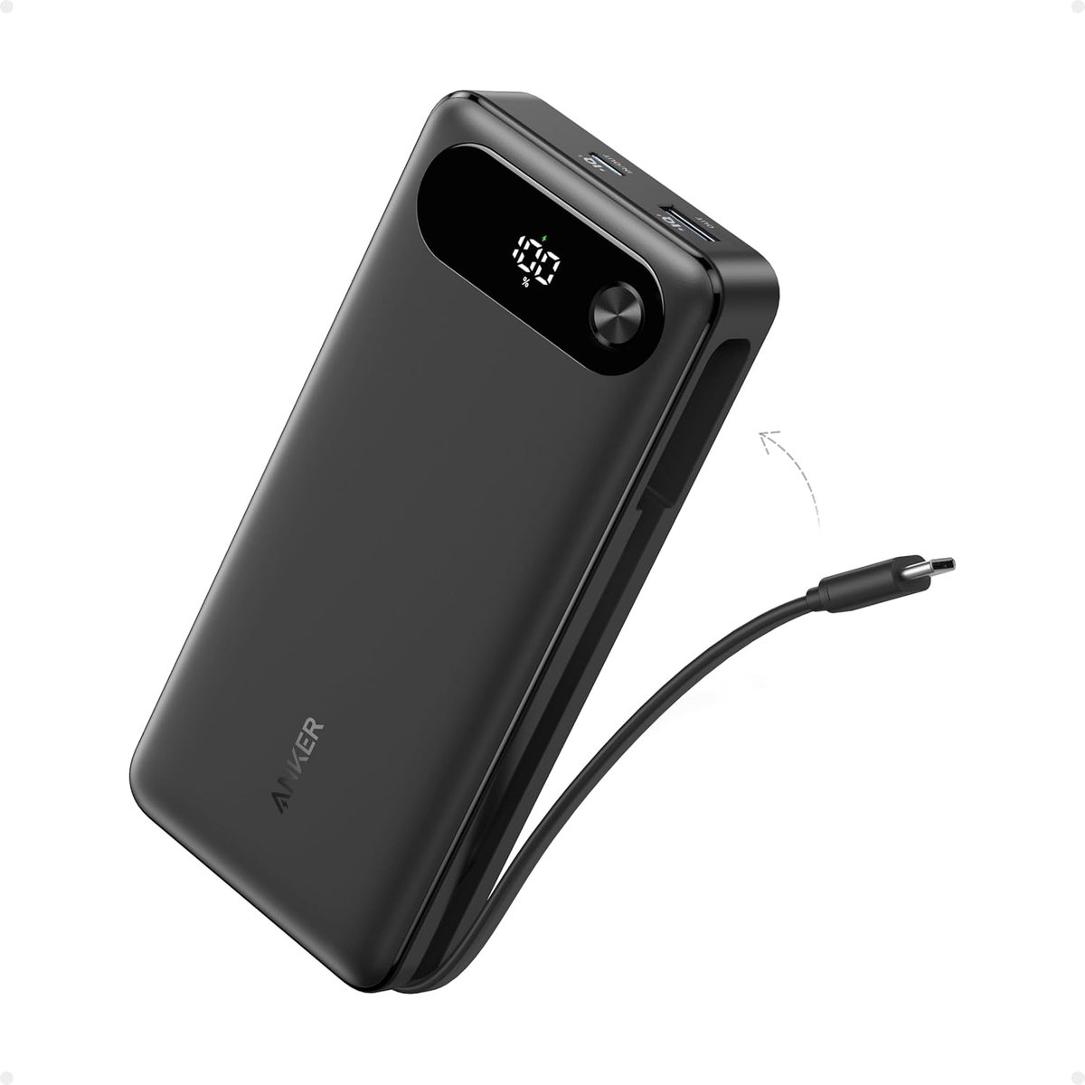 Anker Powerbank, 87 W Max snellaadaccu 20.000 mAh draagbare oplader met geïntegreerde USB-C-kabel, 2 USB-C en 1 USB-A