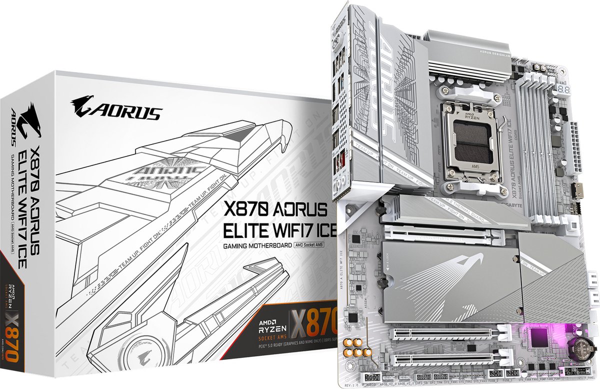 GIGABYTE X870 A ELITE WF7 ICE - Moederbord - ATX - Socket AM5 - AMD X870 - DDR5 - USB4 - Wi-Fi 7 - Realtek Audio