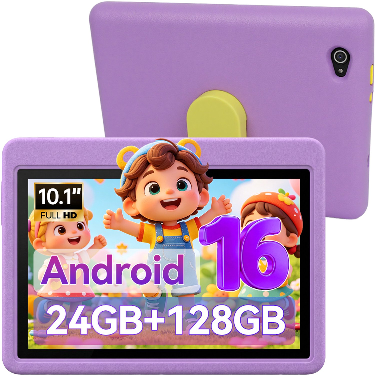 10,1" HD Kinder Tablet - Leerzame Android 16 Tablet voor Kinderen - 24GB+128GB - Schokbestendige EVA-hoes - 180° Draaibare Standaard - Paars