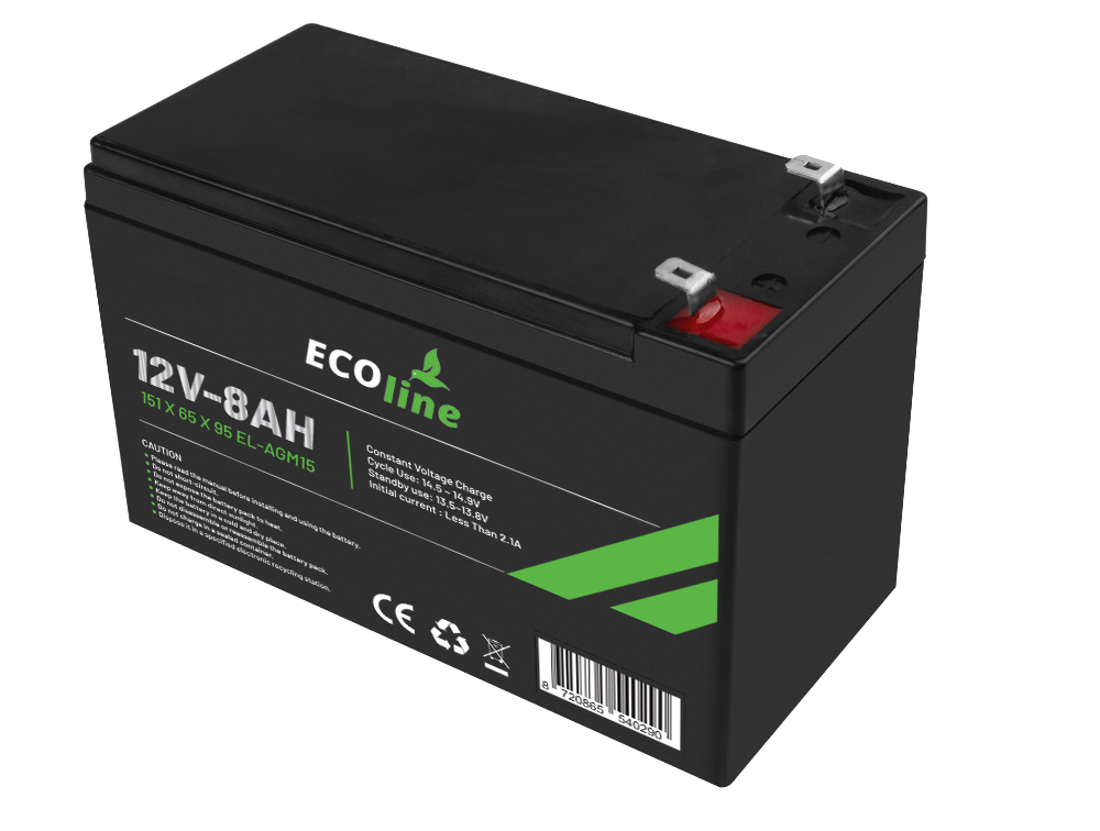 EcoLine - AGM 12V 8AH - 8000mAh VRLA Batterij - 151 x 65 x 95 - Deep Cycle Accu