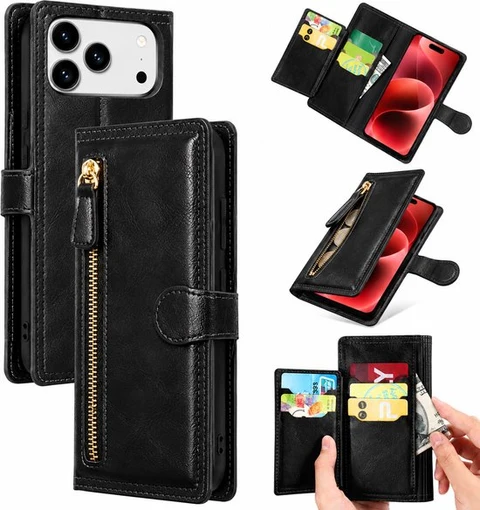 Bookcase Geschikt voor: Apple iPhone 17 Pro - Portemonnee hoesje met ritssluiting en magnetische sluiting -5 pasjes - Zwart