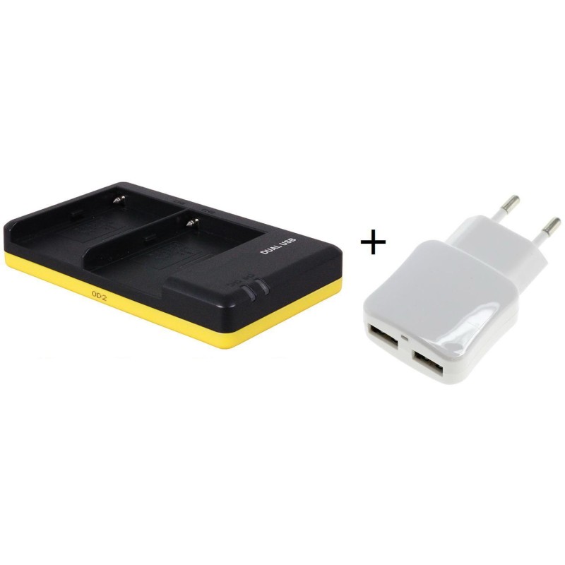 Duo lader voor 2 camera accu's Sony NP-FM30 / NP-FM50 + handige 2 poorts USB 230V adapter