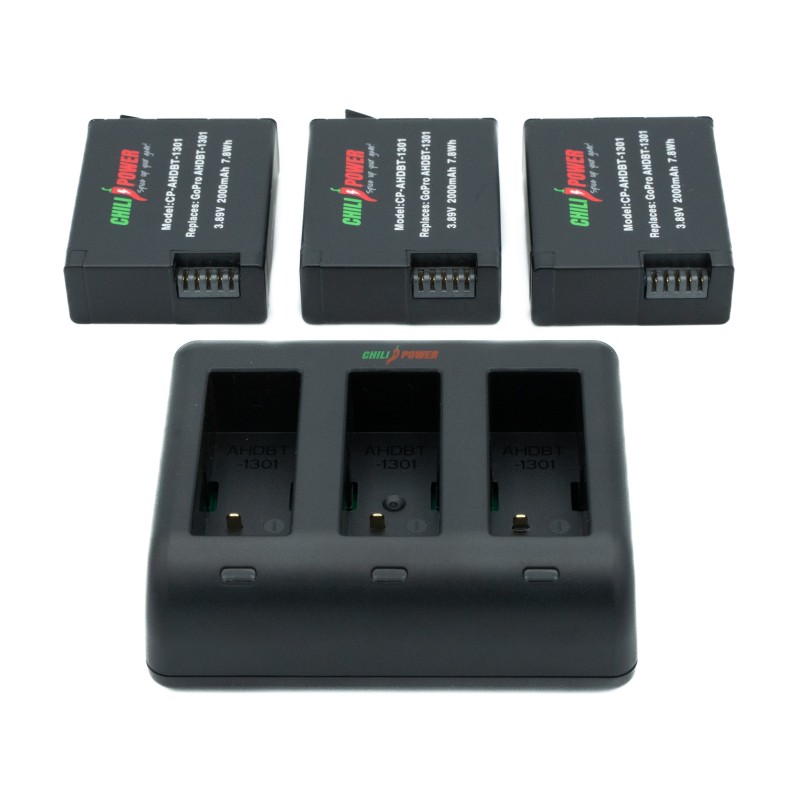 ChiliPower GoPro Hero 13 Kit Deluxe - 3 accu's + Triple lader, voor het laden van 3 accu's