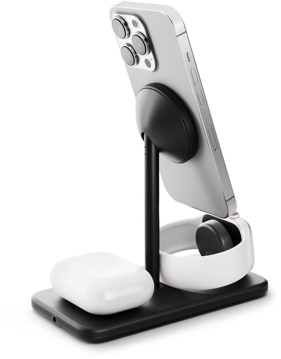 Twelve South HiRise 3 Deluxe 3-in-1 Qi2 Draadloze Oplader – Qi2 15W iPhone opladen – 5W Apple Watch/AirPods opladen – Incl. kabel + 36W USB-C lader – Incl. US, UK, EU, AU-adapters - Zwart