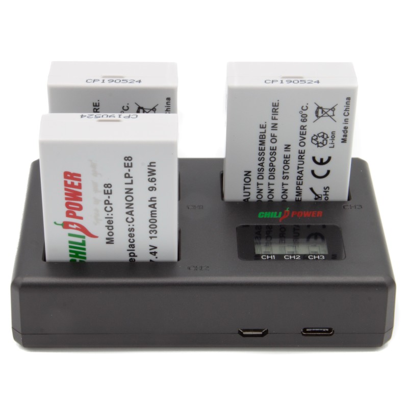 ChiliPower Canon Accu LP-E8 Kit Deluxe - 3 accu's + Triple lader, voor het laden van 3 accu's