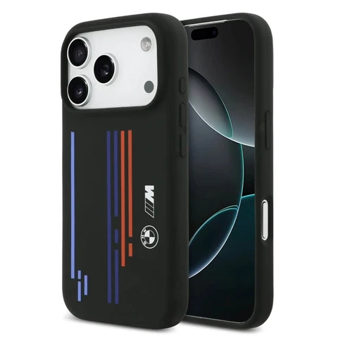 BMW iPhone 17 Pro Max Backcover hoesje - MagSafe - Liquid Silicone Case With Printed Multi-Tricolor - Zwart