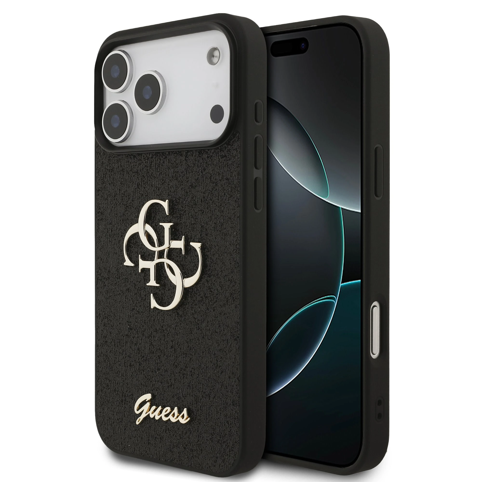 Guess PU Glitter 4G Metal Logo hoesje voor iPhone 17 Pro Max en iPhone 18 Pro Max - Zwart