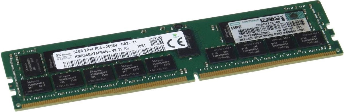 HPE (840758-091) Samsung M393A4K40CB2-CTD 32GB 2Rx4 PC4-2666V-RB2-12ECC Registered (RDIMM), Voor SERVER, Bulk