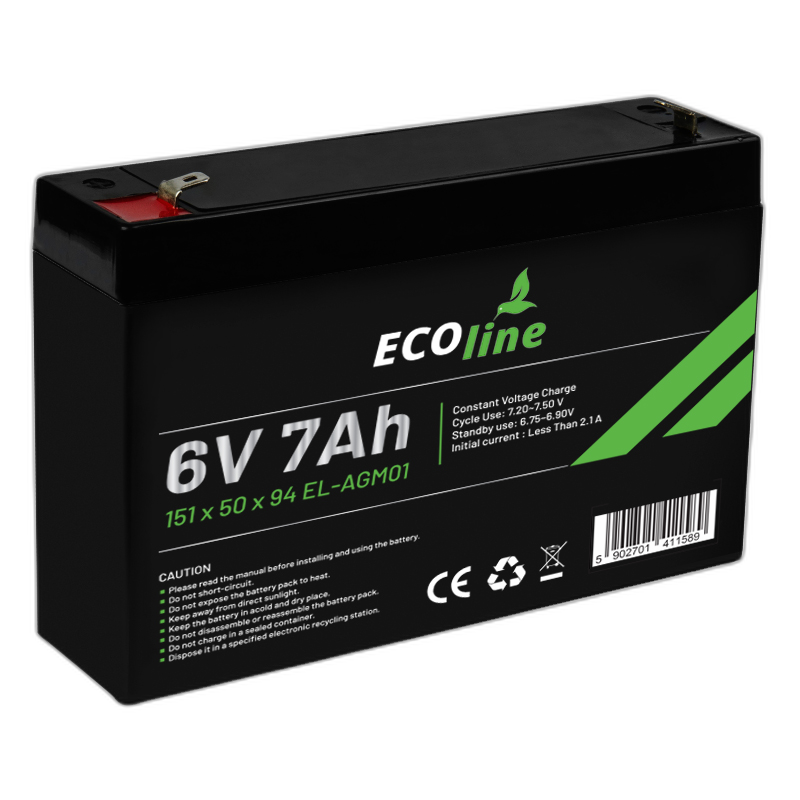 EcoLine - AGM 6V 7AH - 7000mAh VRLA Batterij - 151 x 34 x 96 - Deep Cycle Accu