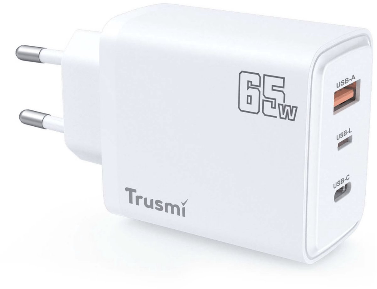TRUSMI 65W GaN Snellader USB-C Adapter - USB-A + USB-C + Lightning - Power Delivery - Geschikt voor iPhone, Samsung & MacBook - Wit