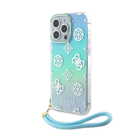 Guess iPhone 15 Pro Max Backcover hoesje Iridescent - Glitter pattern peony - cordstrap - Turquoise