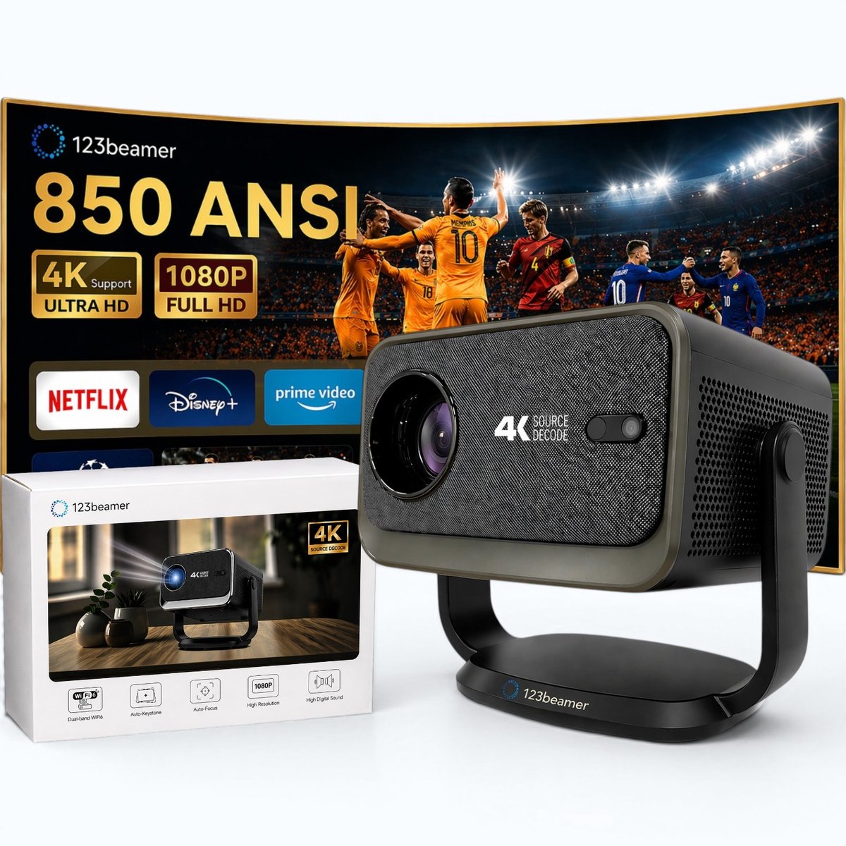 123Beamer - A2 - Projector - 14.000 Lumen - Android 13 - Projector - Full Hd 4K