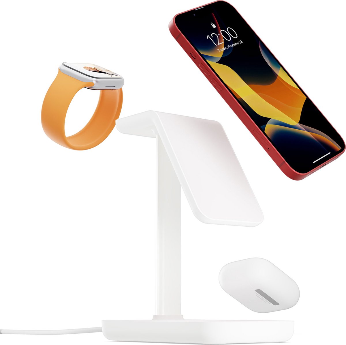Twelve South HiRise 3 Draadloze 3-in-1 Oplader – 15W iPhone opladen – 7,5W Apple Watch/AirPods opladen – Incl. kabel + 36W USB-C lader – Incl. US, UK, EU, AU-adapters - Wit