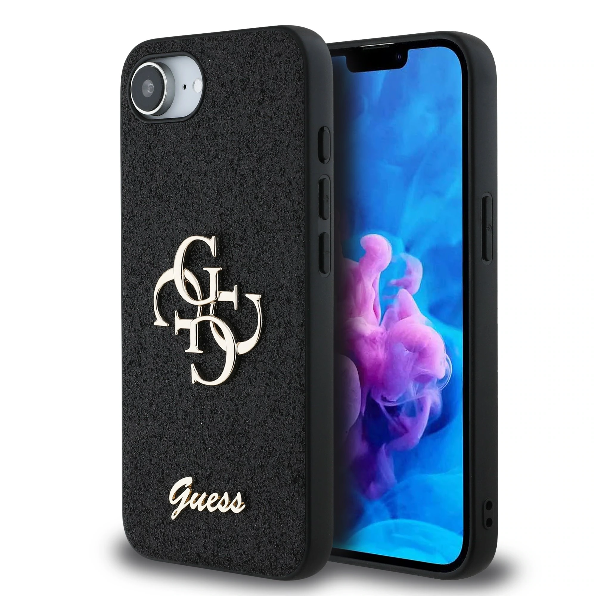 Guess Glitter 4G Metal Logo iPhone 16e hoesje - Zwart