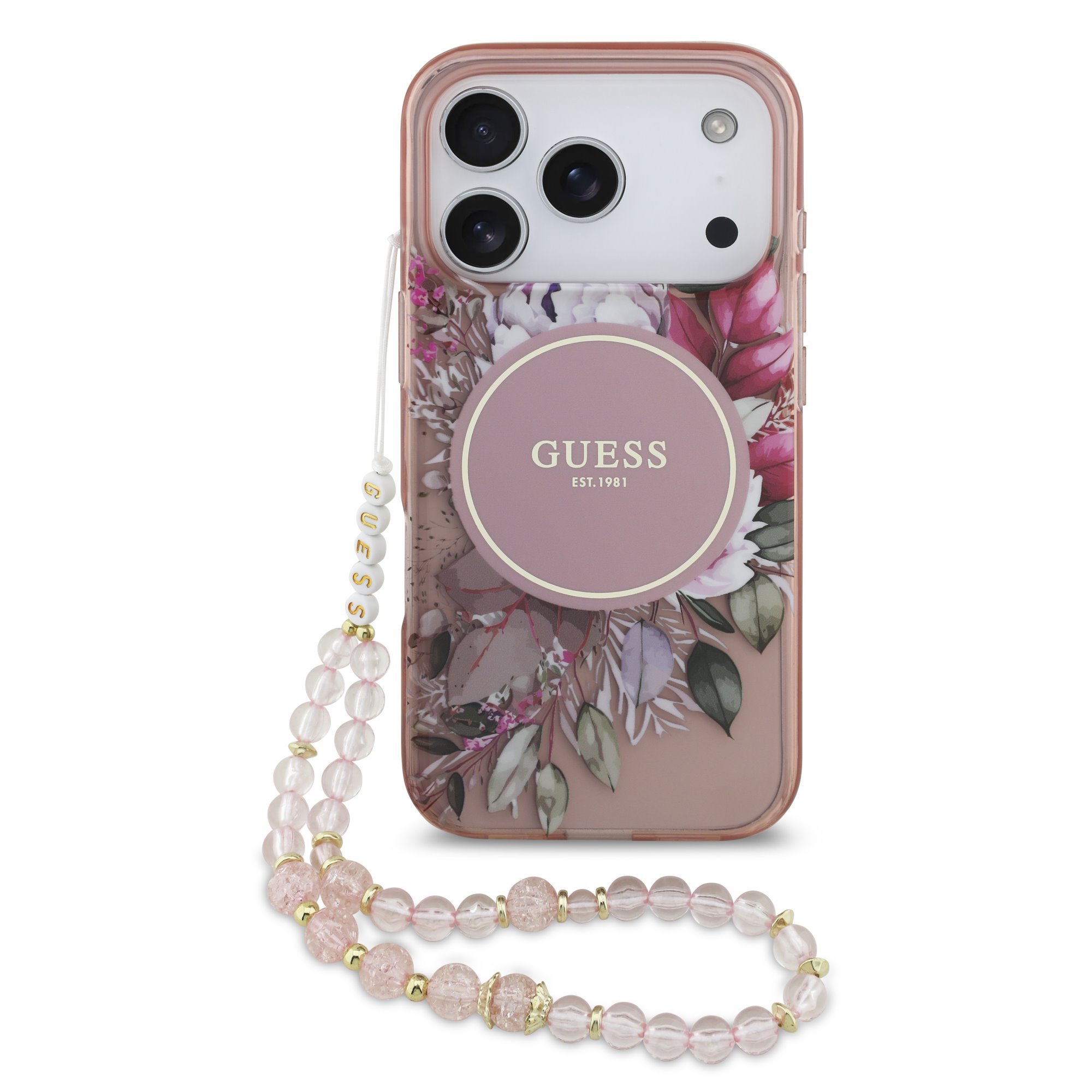 Guess IML Flowers iPhone 17 Pro / 18 Pro hoesje - Met MagSafe en Koord - Roze