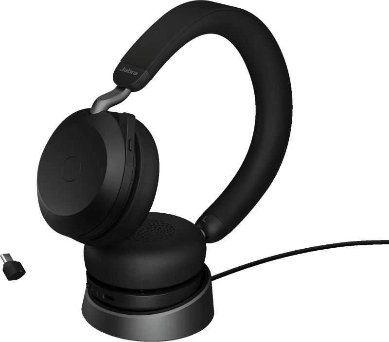 Jabra Evolve2 75 USB C Draadloze Office Headset met oplaadstandaard Zwart
