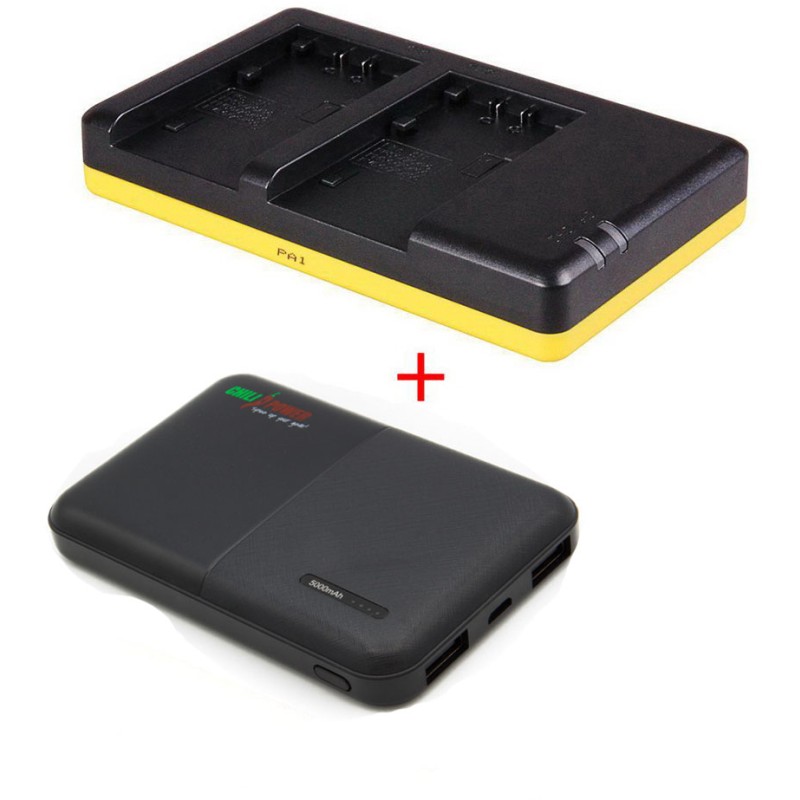Powerpakket Deluxe: NP-FH50 duo oplader + 5000mAh Powerbank voor 2 Sony accu's NP-FH30 / NP-FH50