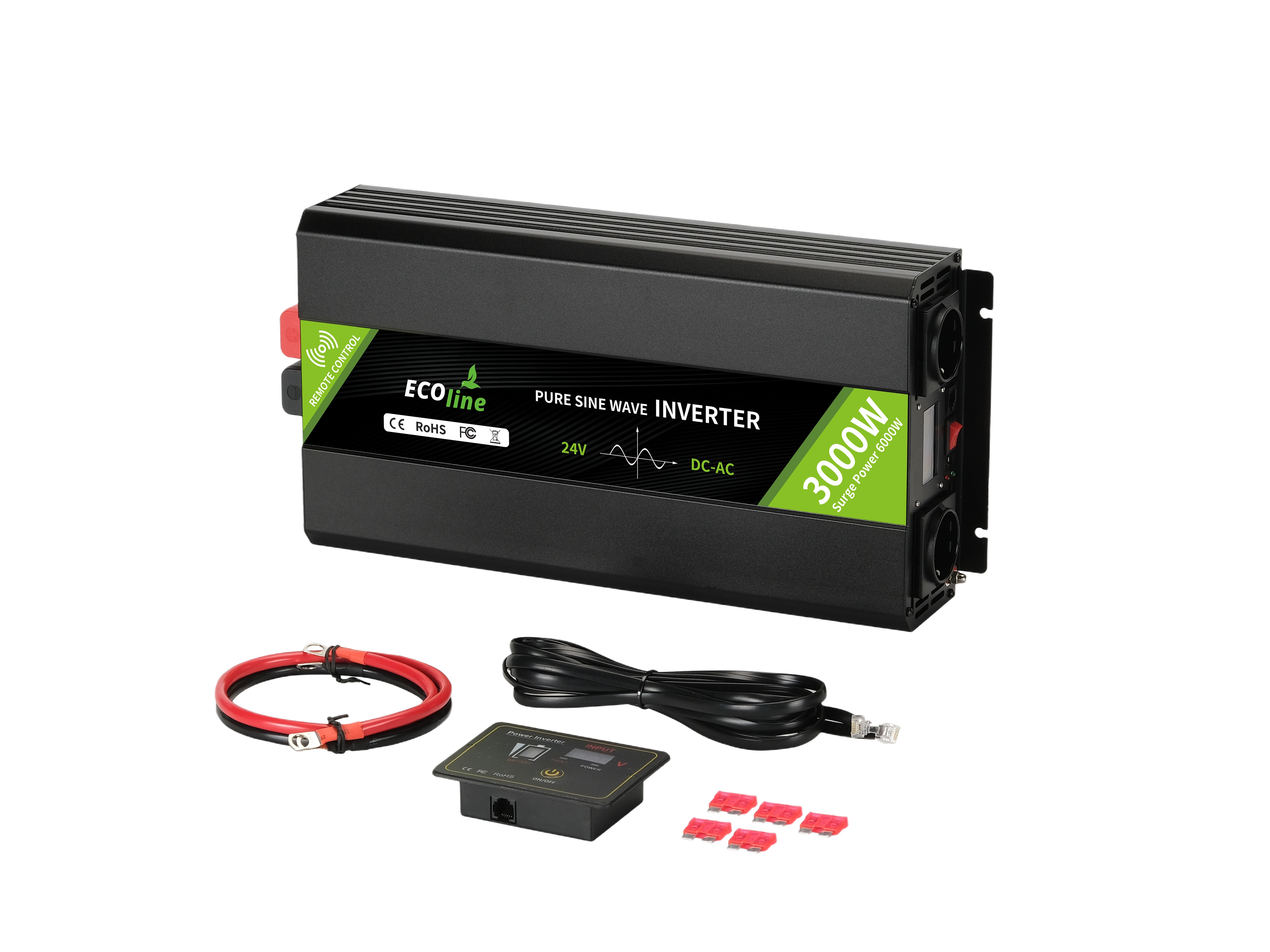 EcoLine - Omvormer 24V Naar 220V/230V - 3000w Vermogen - Zuivere sinus - Spanningomvormer - Remote Controlled