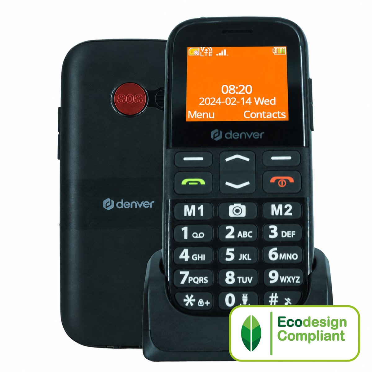 Denver Senioren Mobiele Telefoon 4G - Grote Toetsen - SOS knop - Oplaadstation - GSM - Bluetooth - FM Radio - Model 2026 - 32GB - BAS18800L - Zwart
