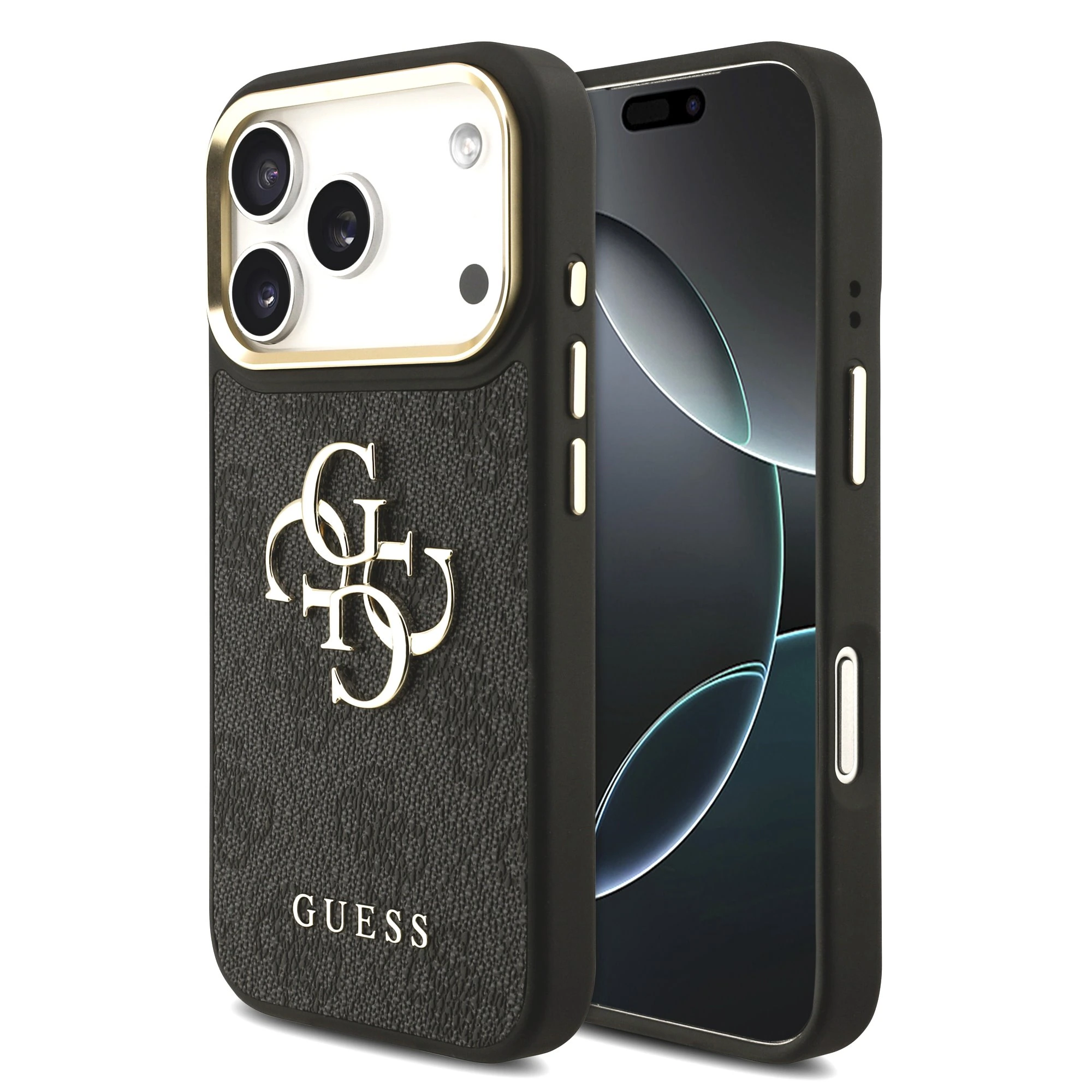 Guess PU Leather 4G Metal Logo Gold Frame Hoesje voor iPhone 17 Pro en iPhone 18 Pro - Zwart