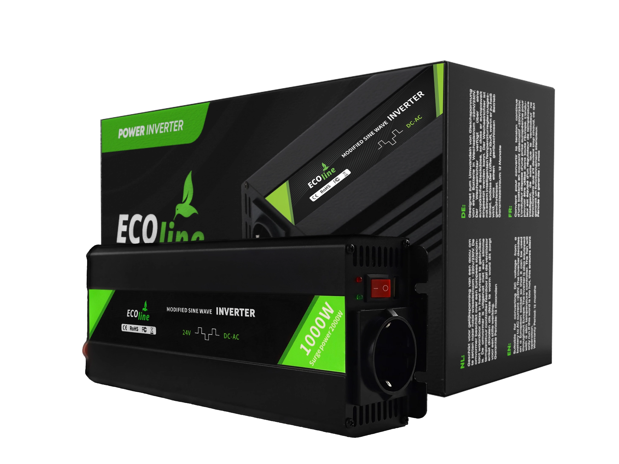 EcoLine 24V naar 230V Omvormer - 1000W Continu / 2000W Piek - Gemodificeerde Sinusgolf - Auto Omvormer voor Camper en Caravan