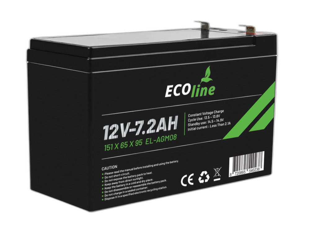 EcoLine - AGM 12V 7.2AH - 7200mAh VRLA Batterij - 151 x 65 x 95 - Deep Cycle Accu