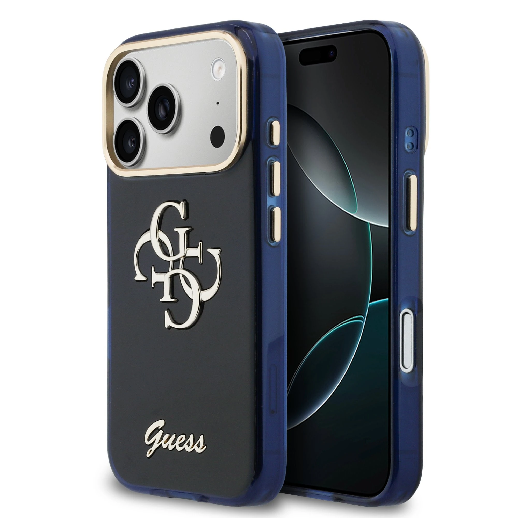 Guess IML 4G Script Metal Logo Hoesje iPhone 17 Pro / 18 Pro - Blauw