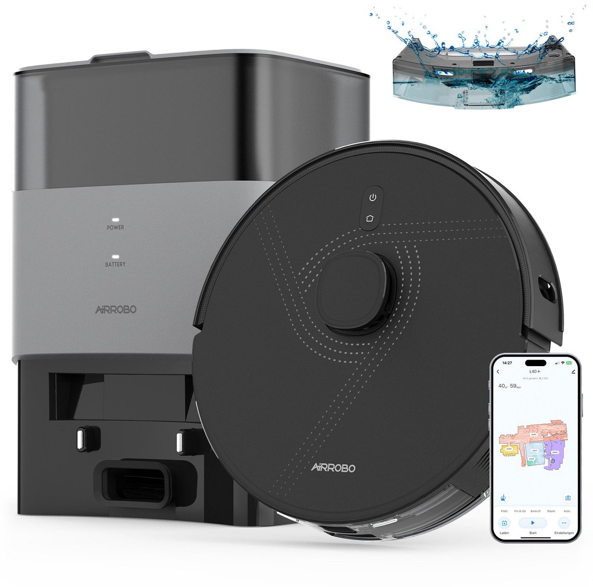 AIRROBO L40+ Robotstofzuiger met dweilfunctie en leegstation – 5500 Pa zuigkracht – USLAM LiDAR-navigatie – 60 dagen handsfree – App & Spraakbediening – Zwart