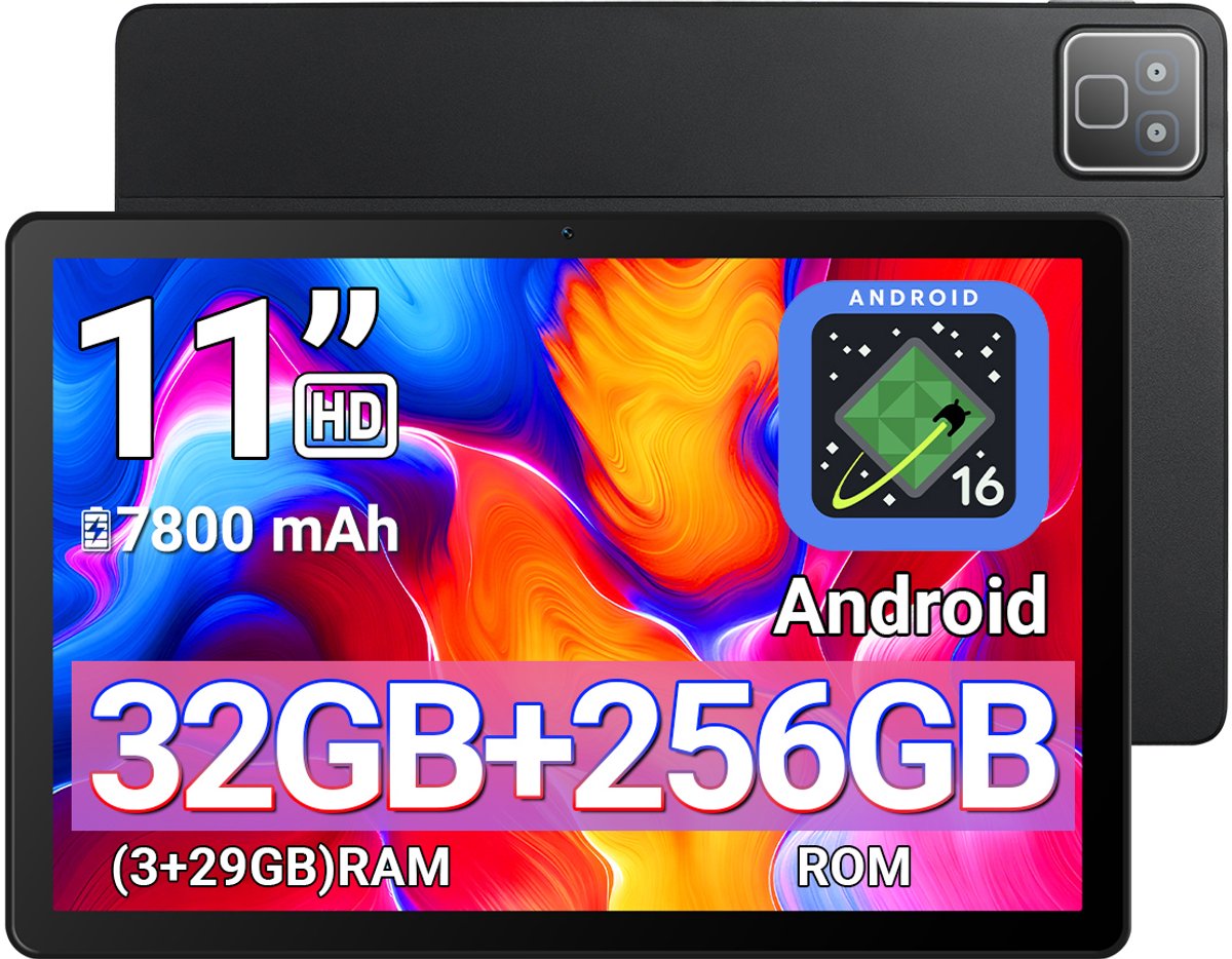 11 inch Android 16 Tablet - 32GB RAM(3G+29GB) - 256GB opslag - 7800mAh - 5MP + 8MP - Bluetooth 5.3 - Zwart