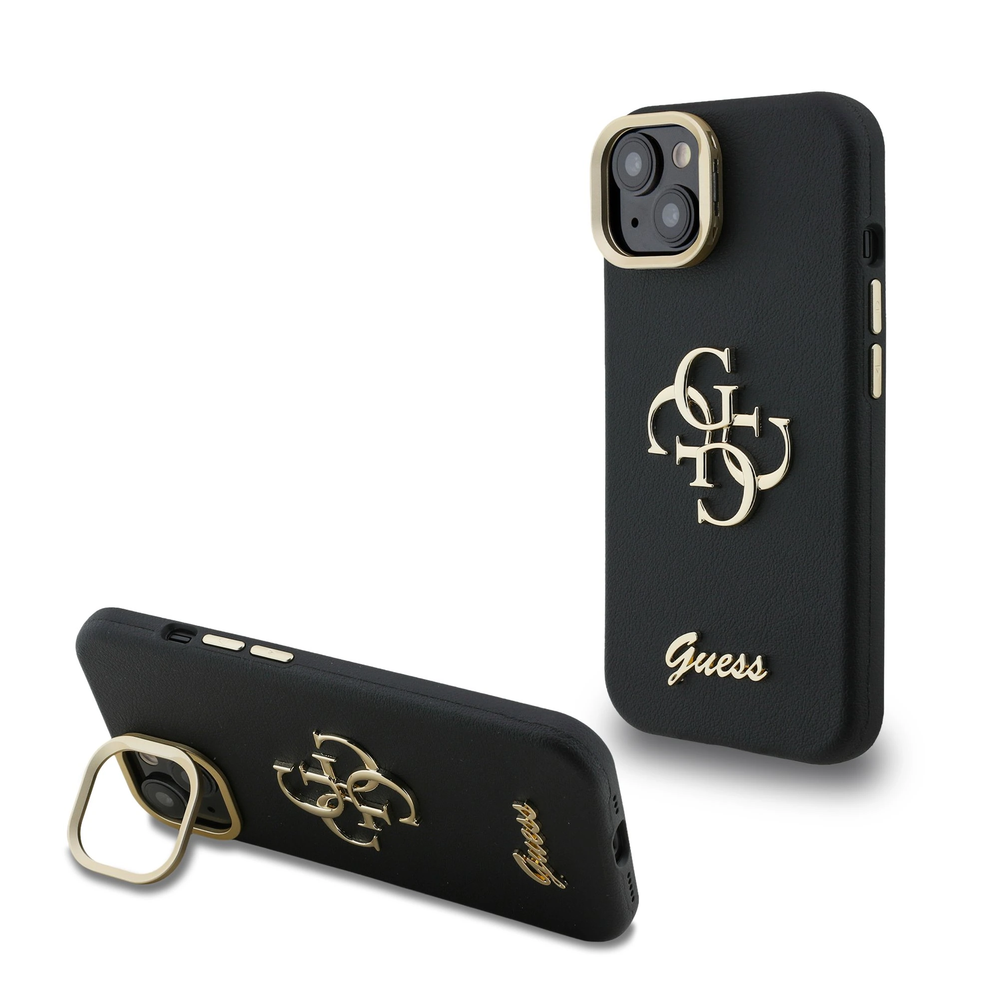 Guess 4G Logo met Camerastand functie iPhone 15 hoesje - Zwart