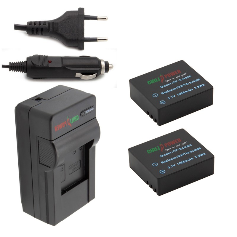 ChiliPower 2x SJ4000 accu's 1050mAh voor Qumox en SJCAM inclusief oplader en autolader