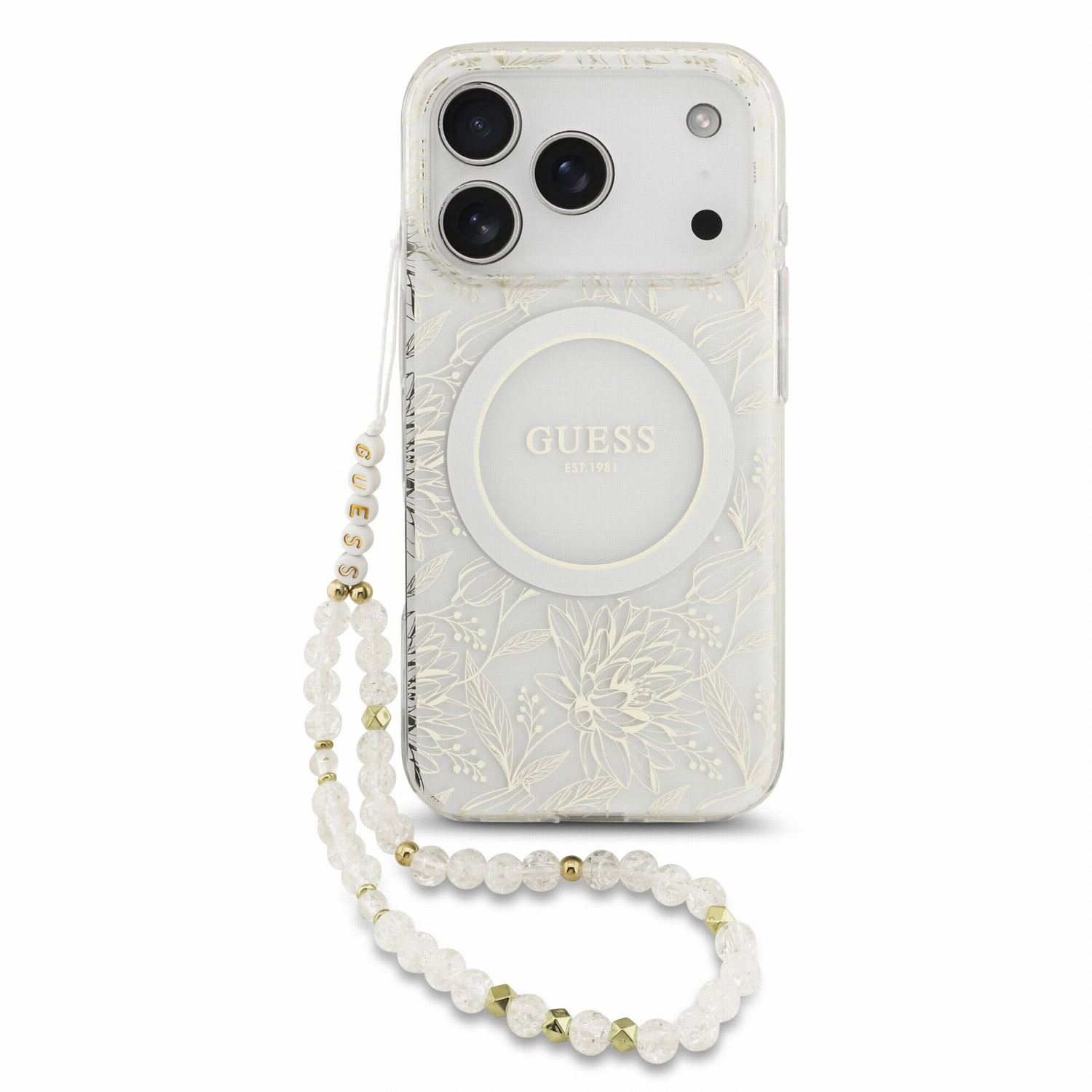 Guess IML Flowers Allover Strap MagSafe-hoesje voor iPhone 17 Pro en iPhone 18 Pro - Wit