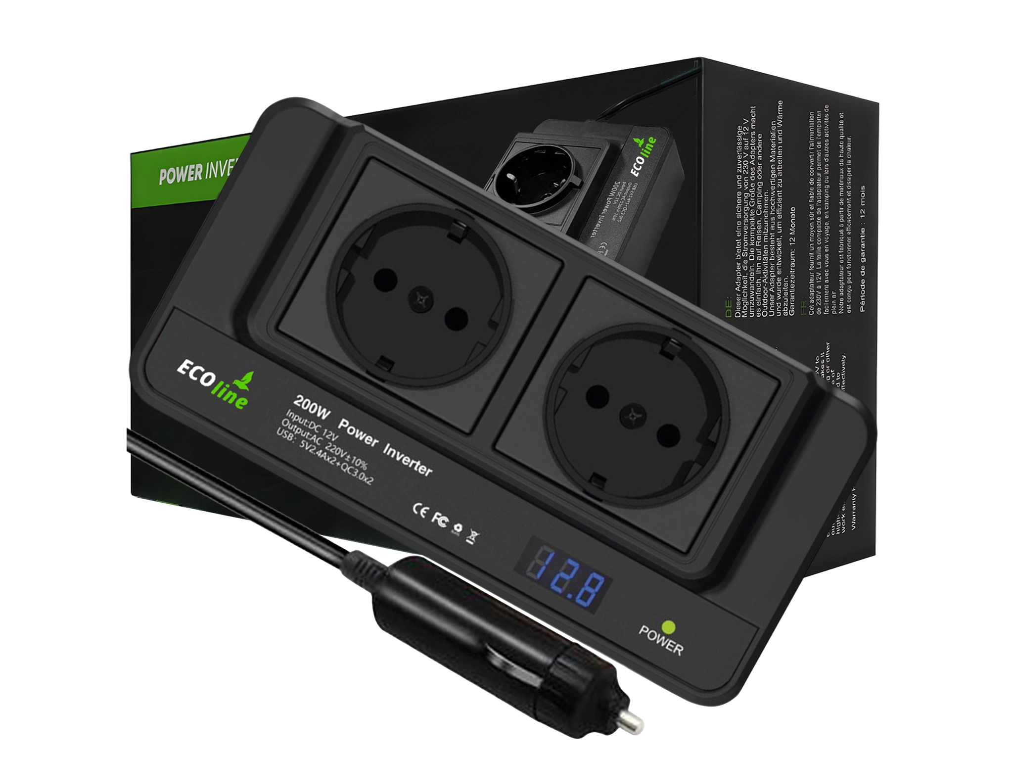 EcoLine - Auto Omvormer 12V Naar 220V/230V - 200W Autolader - stopcontact voor in de auto met 4x USB - splitter