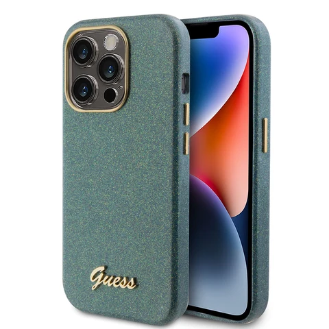 Guess iPhone 15 Pro TPU Back Cover hoesje - Glitter Glossy Script - Khaki