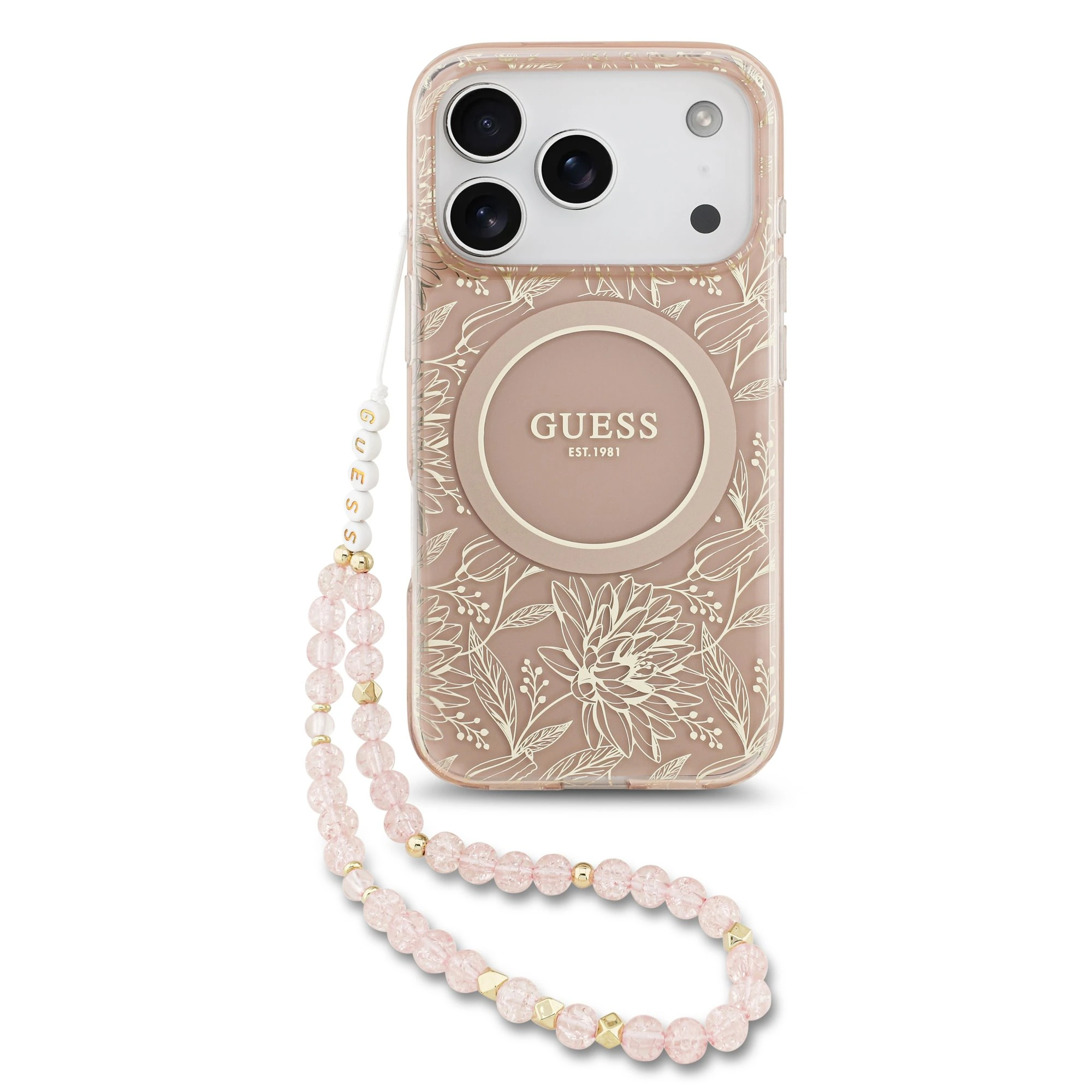Guess IML Flowers Allover iPhone 17 Pro / 18 Pro hoesje - Met MagSafe en Koord - Roze