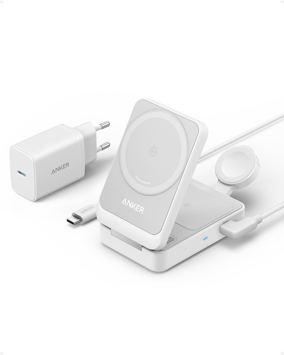 Anker MagGo Fold 3-in-1 QI2 - MagSafe Draadloos Oplaadstation - Wit