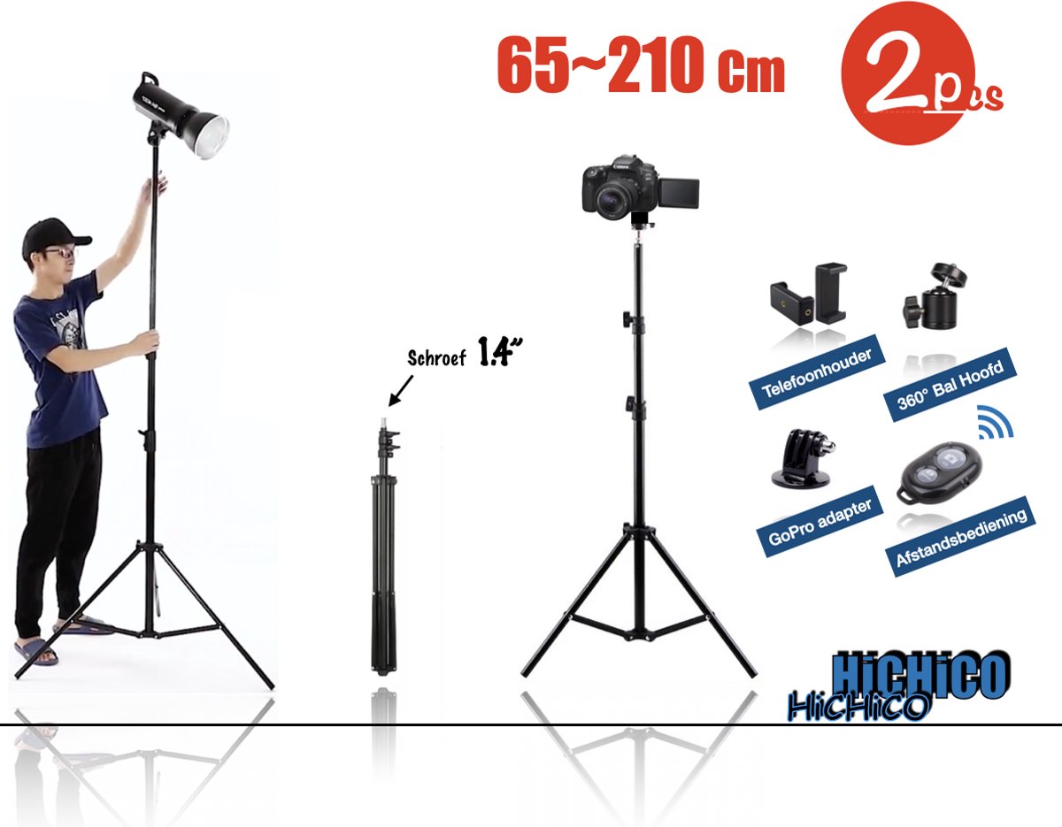 2x Camerastatief 210Cm Voor Fotocamera en Smartphone - iPhone - Canon - Nikon - Spiegelreflexcamera Inc. Bluetooth Remote Shutter, Telefoonhouder, 360 ° Draaigreep horizontaal - Smartphone Statief - Tripod HiCHiCO