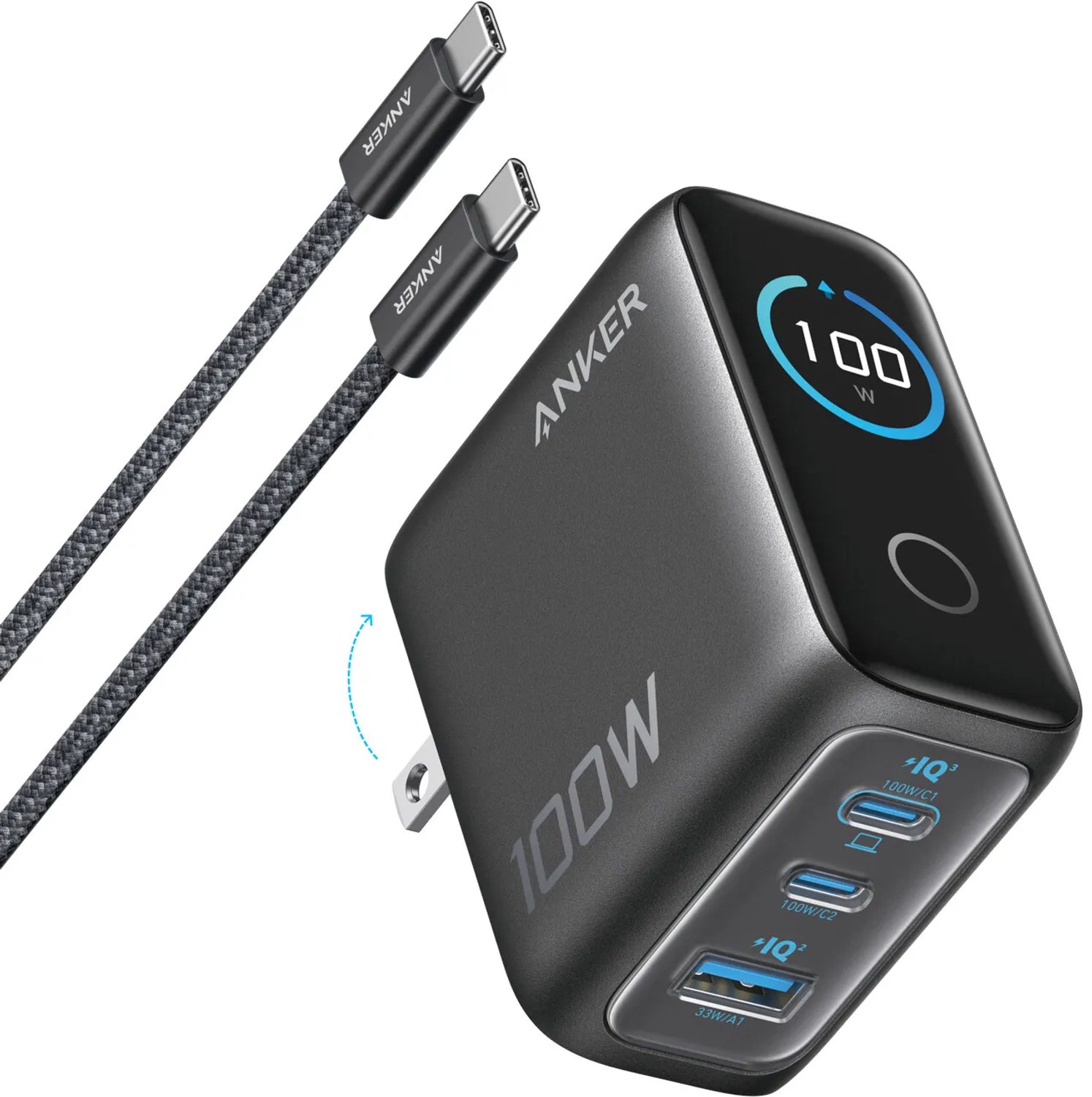 Anker Oplader - 100W Max USB C Oplader - 3-poorts GaN Wandadapter met Slim Display en Touchbediening - Inclusief USB-C Kabel