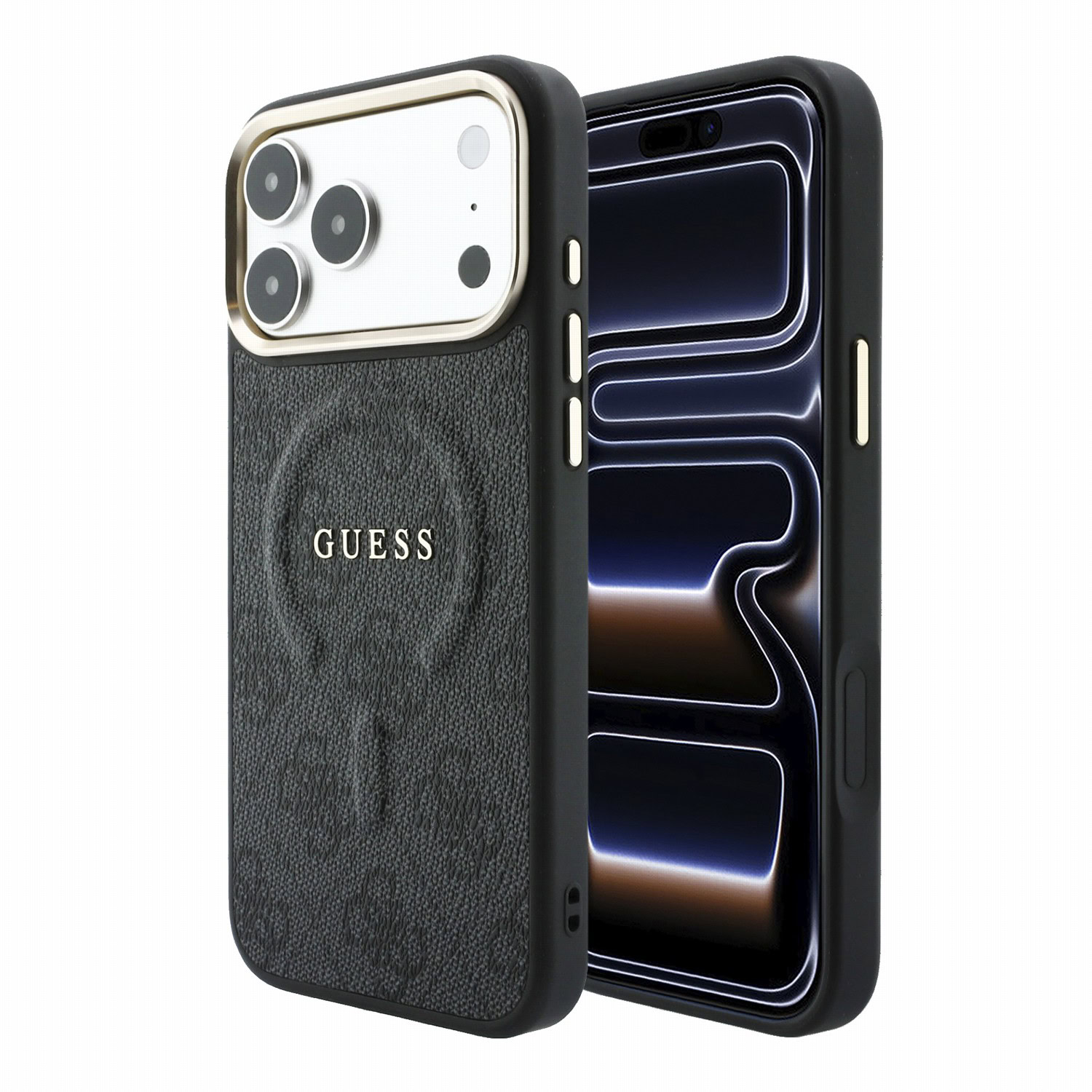 Guess 4G Gold Frame Embossed MagSafe hoesje voor iPhone 18 Pro Max en iPhone 17 Pro Max - Zwart