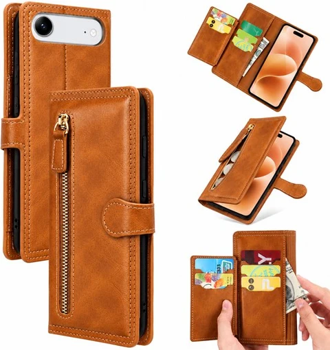 Bookcase Geschikt voor: Apple iPhone Air - Portemonnee hoesje met ritssluiting en magnetische sluiting -5 pasjes - Lichtbruin
