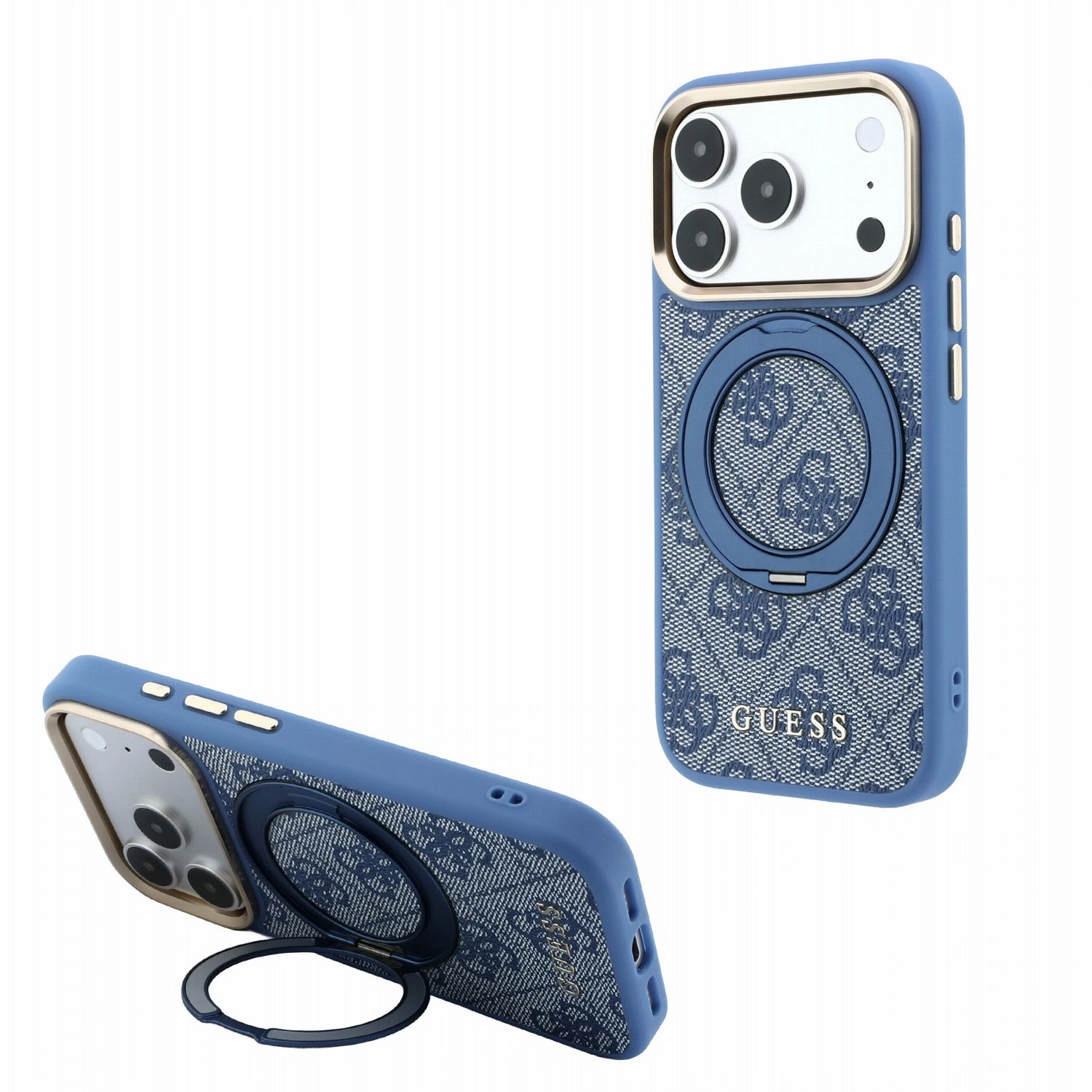 Guess PU 4G Ring Stand MagSafe hoesje voor iPhone 17 Pro Max en iPhone 18 Pro Max - Blauw