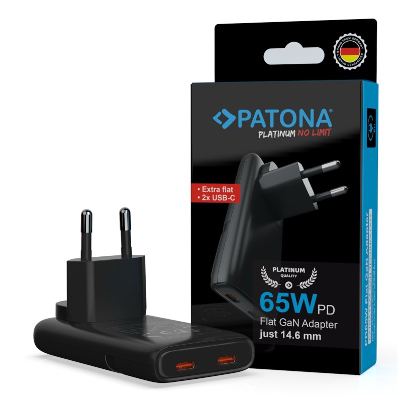 Platinum GaN PD65W platte adapter met 2x USB-C PD3.0 QC3.0 - Zwart