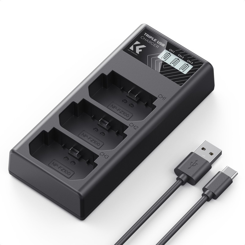 K&F Concept NP-FZ100 triple batterij-oplader met USB-C en LCD-display