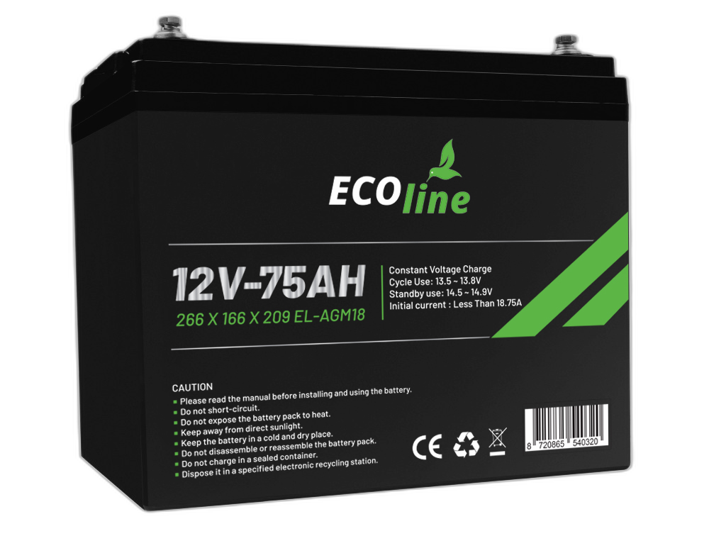 EcoLine - AGM 12V 75AH - 75000mAh VRLA Batterij - 266 x 166 x 209 - Deep Cycle Accu