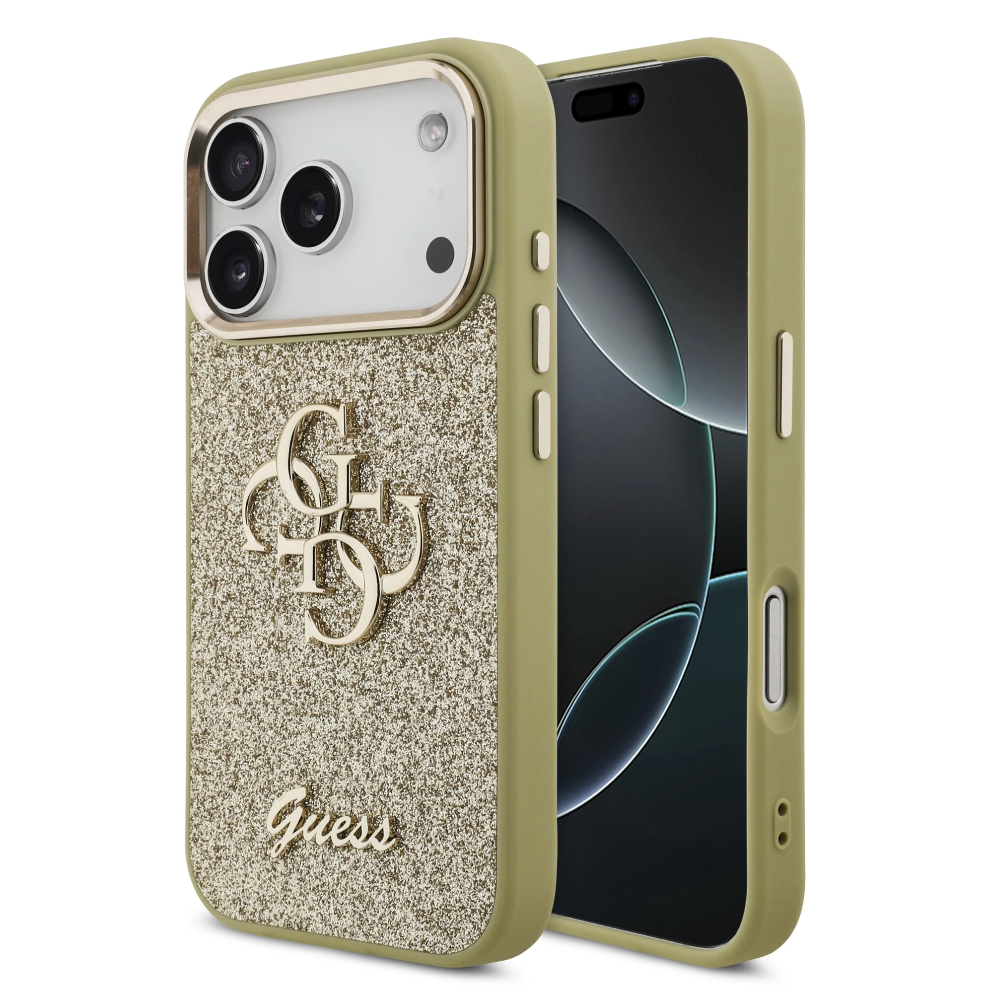 Guess PU Fixed Glitter 4G Metal Frame Hoesje iPhone 17 Pro / 18 Pro - Goud