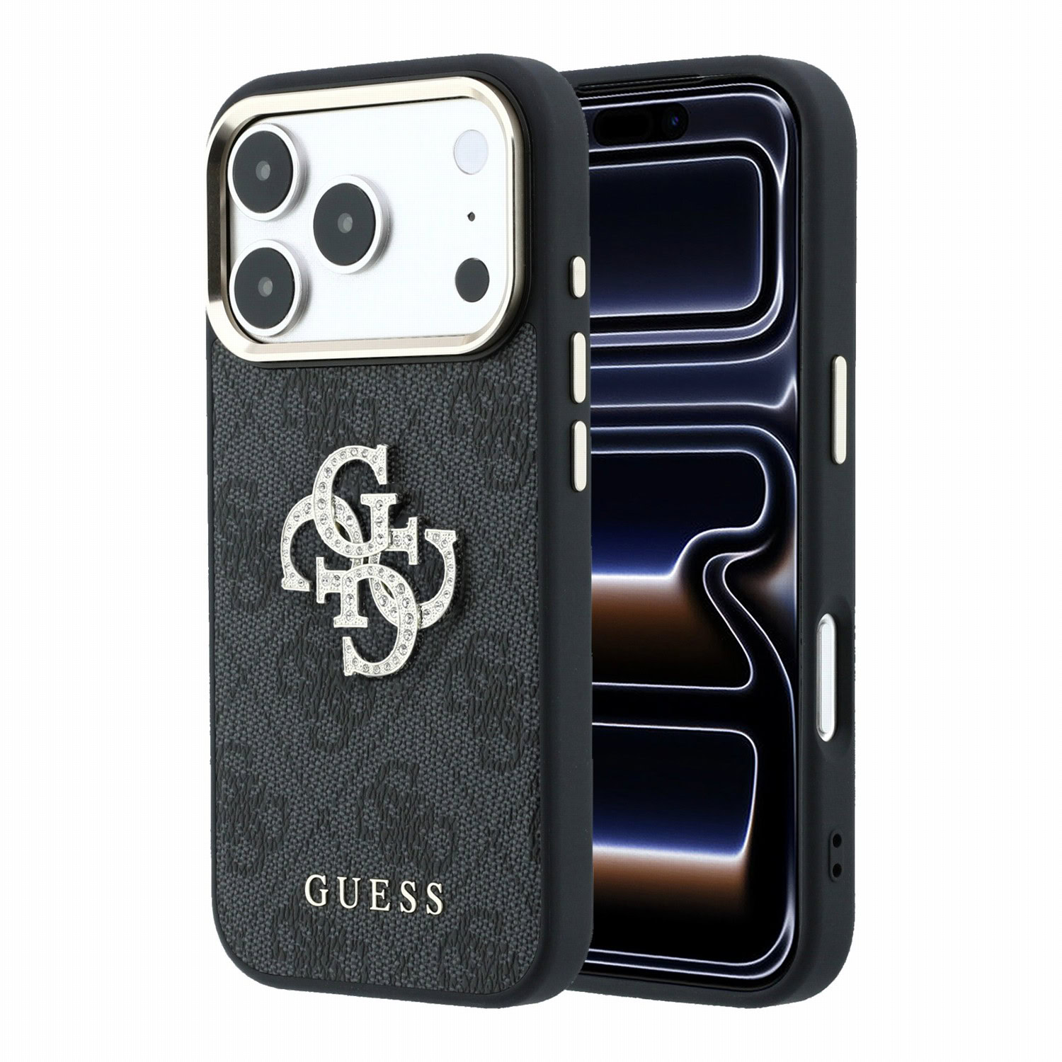 Guess PU 4G Strass Metal Logo hoesje voor iPhone 17 Pro en iPhone 18 Pro - Zwart