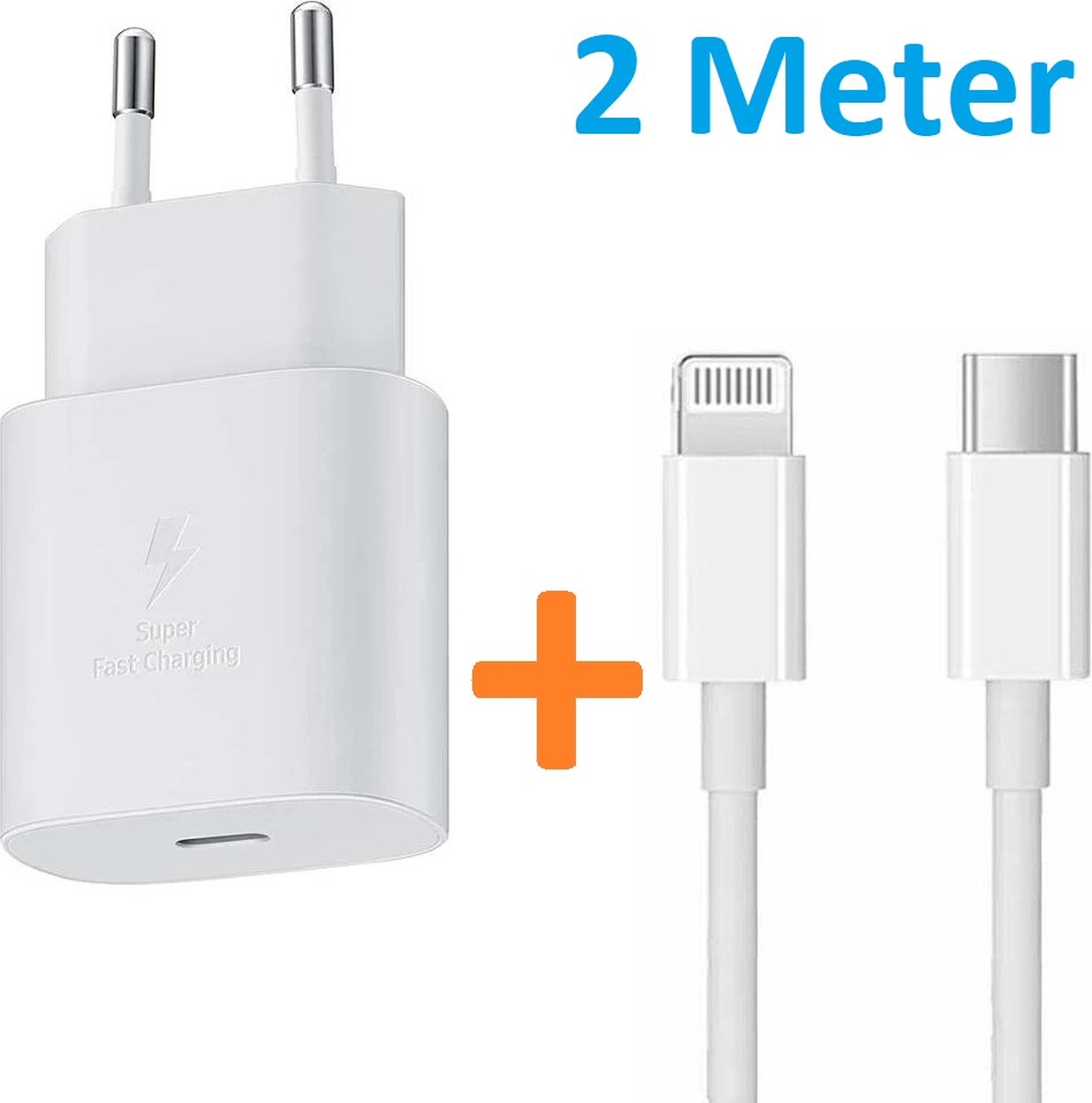 Bedrade oplader - 25W - 2 meter - Geschikt voor: Lightning kabel naar USB-C Male Geschikt voor: Apple iPhone 11/12/13/14 X XS XR PRO MAX & iPad - Wit
