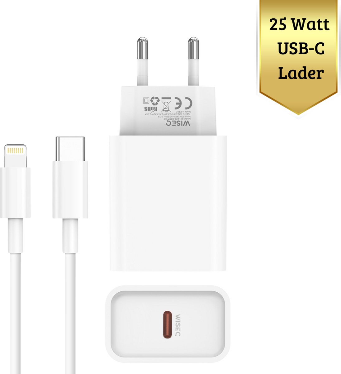 25W Snellader met 1 Meter oplaadkabel - Oplader geschikt voor Lightning Kabel – Geschikt Voor Apple iPhone 14 / 14 Pro / 14 Pro Max, iPhone 13 / 13 Pro / 13 Pro Max en iPhone 12 – Originele WiseQ Oplader